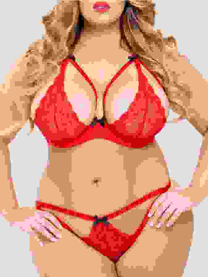 Lovehoney Plus Size Red Underwired Lace Triangle Bra and G-String Set, Red, hi-res
